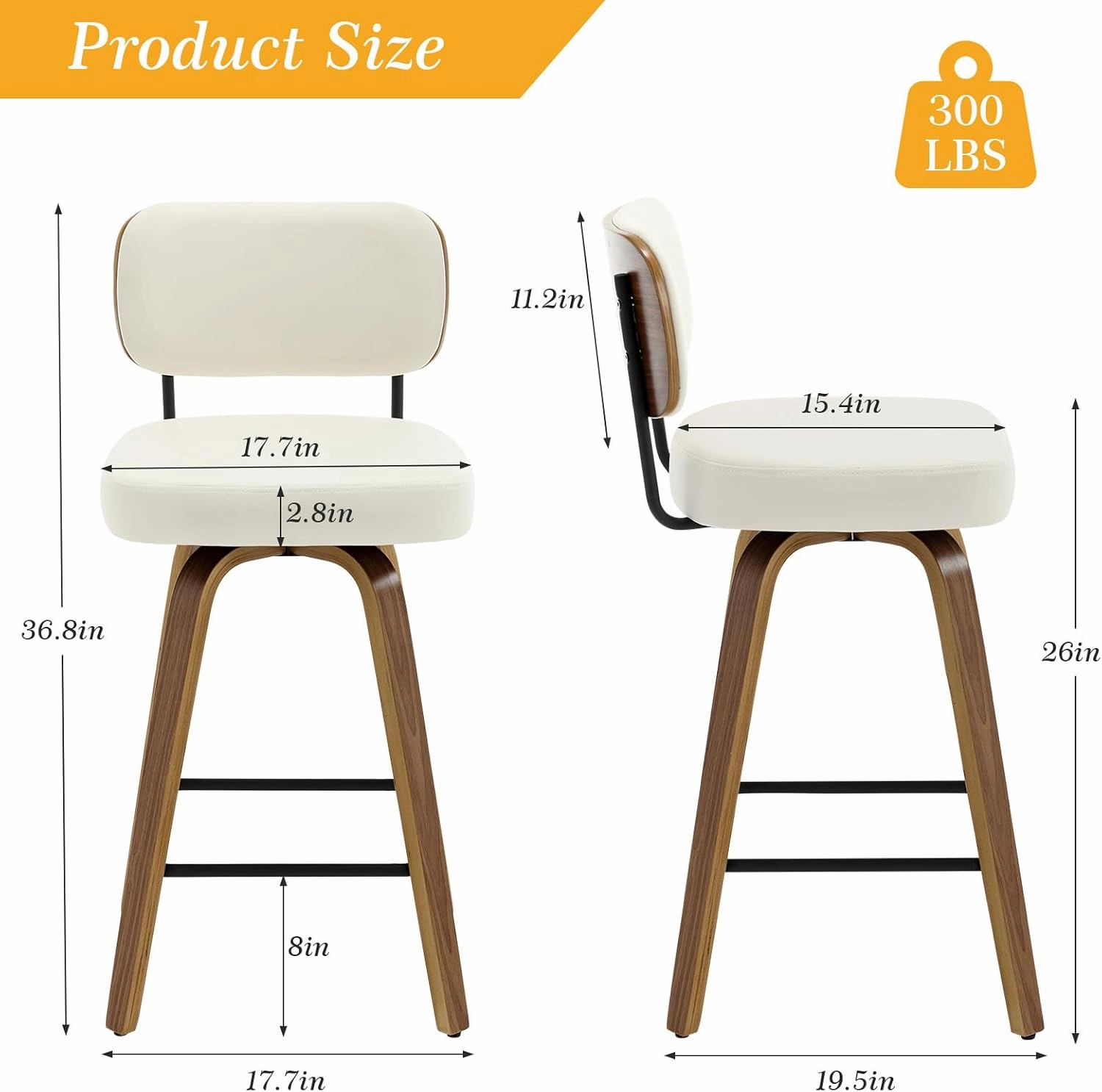 Swivel Counter Height Bar Stools Set of 4, 26" Upholstered Faux Leather Barstools with Back and Bent Wood Legs, Mid Century Modern Bar Chair Island Stool for Kitchen Counter, Cream White