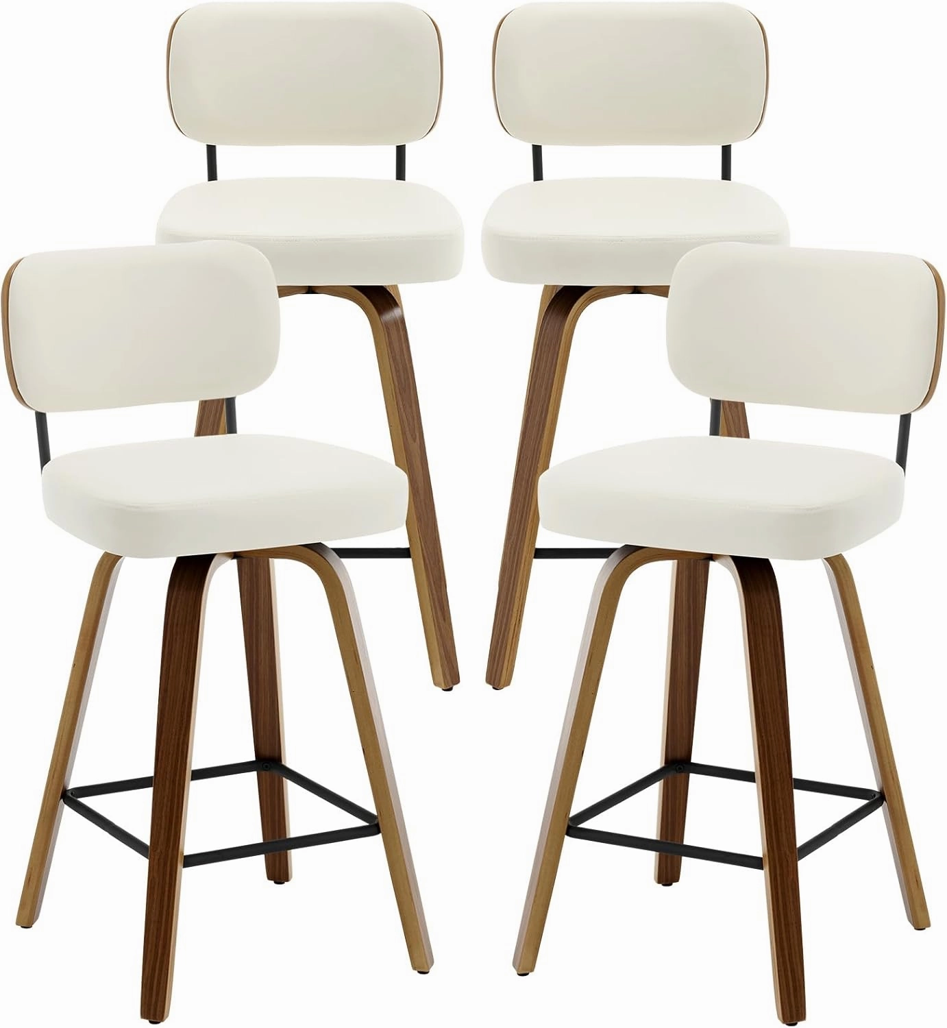Swivel Counter Height Bar Stools Set of 4, 26" Upholstered Faux Leather Barstools with Back and Bent Wood Legs, Mid Century Modern Bar Chair Island Stool for Kitchen Counter, Cream White