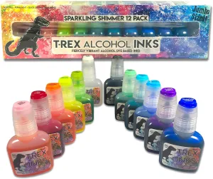 T-Rex Inks Starlight Shimmer Sparkling Alcohol Ink 12 Bottle Set - Glitter Alcohol Ink for Epoxy Resin Dye, Painting, Tumbler Making & More - Includes Shimmering Clear Blender - 20ml Bottles