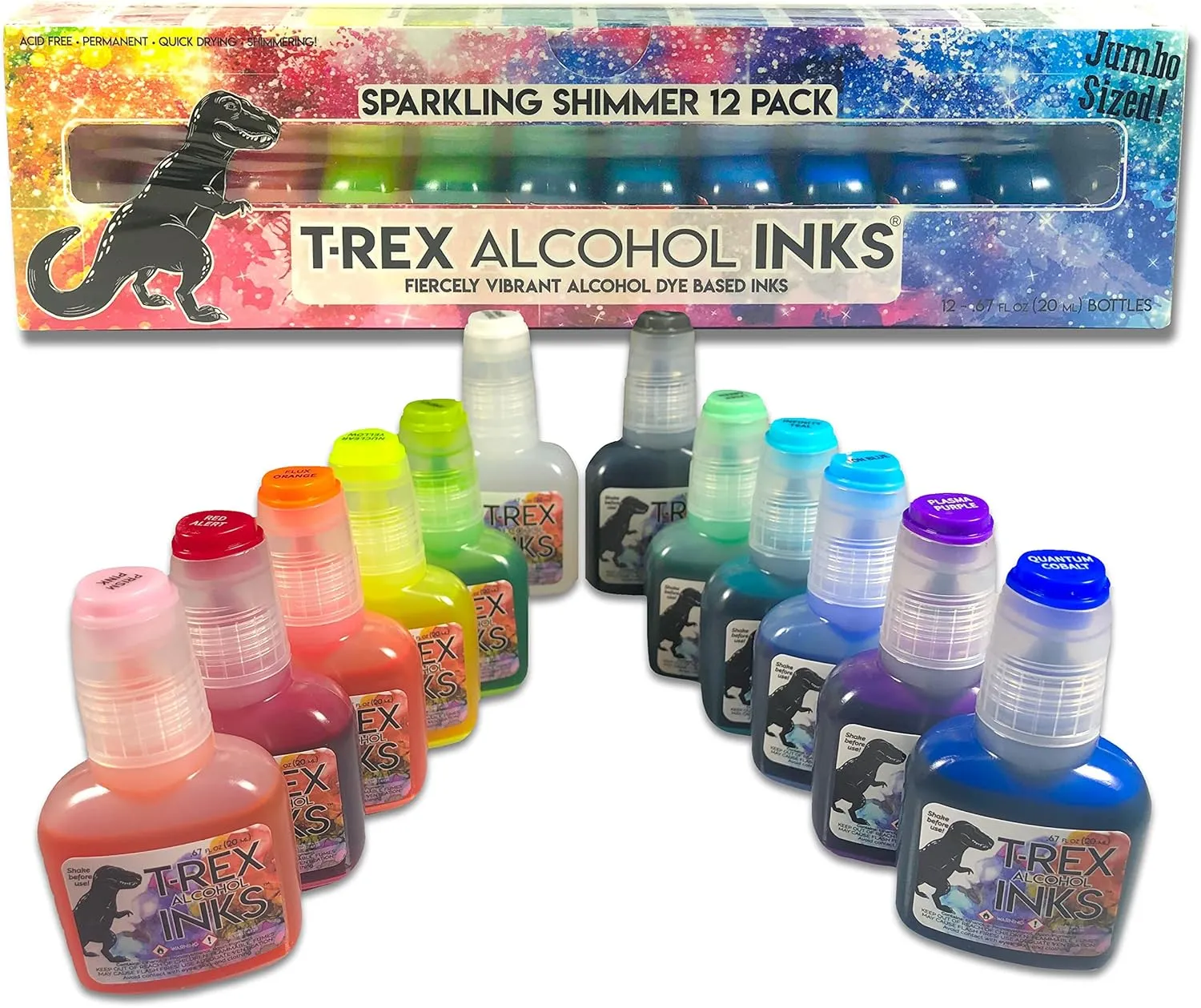 T-Rex Inks Starlight Shimmer Sparkling Alcohol Ink 12 Bottle Set - Glitter Alcohol Ink for Epoxy Resin Dye, Painting, Tumbler Making & More - Includes Shimmering Clear Blender - 20ml Bottles