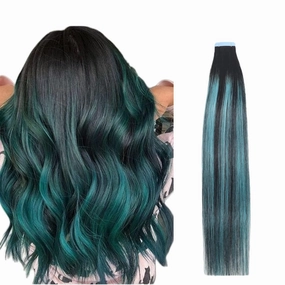 Tape in Hair Extensions, Real Natural Remy Human Hair, Seamless Straight Pu Skin Weft, 14 Inch 40 Gram 20 Pieces, Balayage Black Rooted to Teal Green Highlights Black