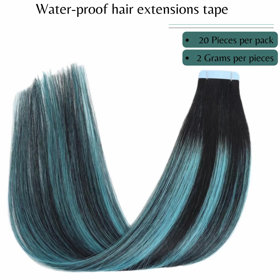 Tape in Hair Extensions, Real Natural Remy Human Hair, Seamless Straight Pu Skin Weft, 14 Inch 40 Gram 20 Pieces, Balayage Black Rooted to Teal Green Highlights Black
