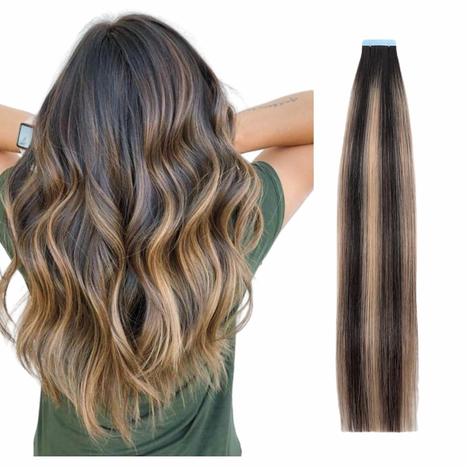Tape in Hair Extensions, Real Natural Remy Human Hair, Seamless Straight Pu Skin Weft, 14 Inch 40 Gram 20 Pieces, Balayage Dark Brown Rooted to Caramel Blonde