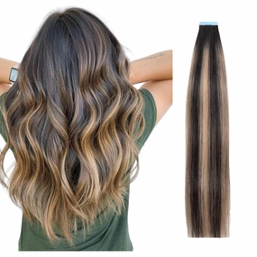 Tape in Hair Extensions, Real Natural Remy Human Hair, Seamless Straight Pu Skin Weft, 14 Inch 40 Gram 20 Pieces, Balayage Dark Brown Rooted to Caramel Blonde