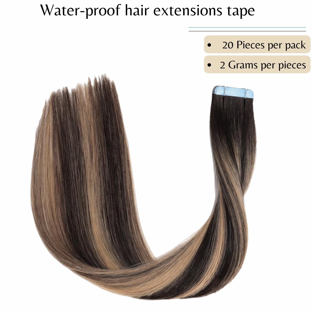 Tape in Hair Extensions, Real Natural Remy Human Hair, Seamless Straight Pu Skin Weft, 14 Inch 40 Gram 20 Pieces, Balayage Dark Brown Rooted to Caramel Blonde