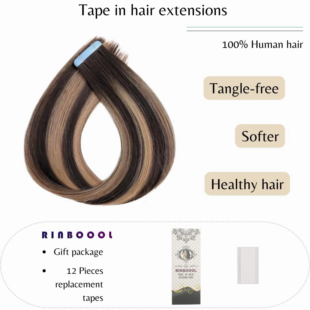 Tape in Hair Extensions, Real Natural Remy Human Hair, Seamless Straight Pu Skin Weft, 14 Inch 40 Gram 20 Pieces, Balayage Dark Brown Rooted to Caramel Blonde