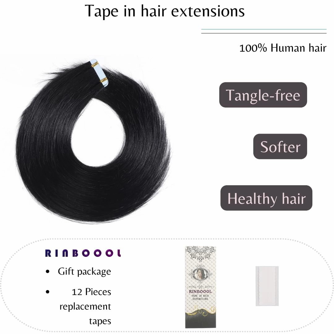 Tape in Hair Extensions, Real Natural Remy Human Hair, Seamless Straight Pu Skin Weft, 18 Inch 40 Gram 20 Pieces, Jet Black