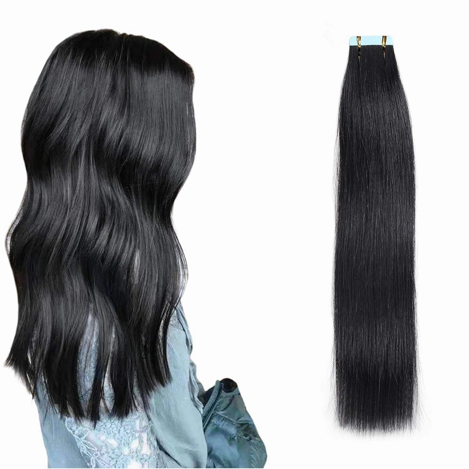 Tape in Hair Extensions, Real Natural Remy Human Hair, Seamless Straight Pu Skin Weft, 18 Inch 40 Gram 20 Pieces, Jet Black