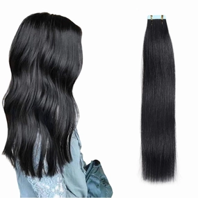 Tape in Hair Extensions, Real Natural Remy Human Hair, Seamless Straight Pu Skin Weft, 18 Inch 40 Gram 20 Pieces, Jet Black
