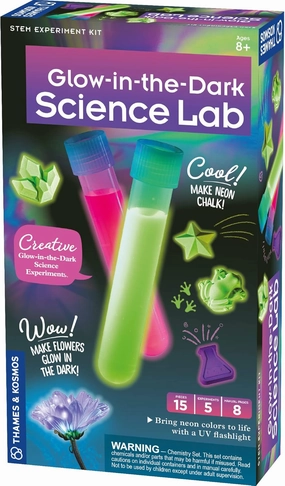 Thames & Kosmos Glow-in-The-Dark Science Lab STEM Experiment Kit | 5 Fun, Safe Activities with Glowing Substances & Neon Pigments! | DIY Glow Sticks, Neon Chalk & More | Includes UV Flashlight