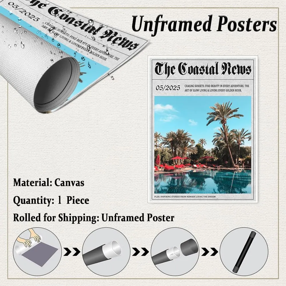 The Coastal News Tropical Poolside Wall Art Sunset Escape Canvas Print Posters for Relaxed Resort Living Lounge Spa Decor or Nomadic Lifestyle Aesthetic Room Poster 20x30in Unframed