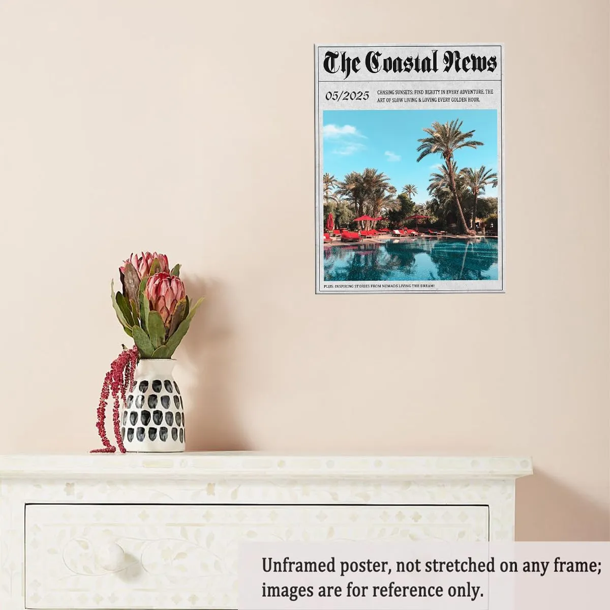 The Coastal News Tropical Poolside Wall Art Sunset Escape Canvas Print Posters for Relaxed Resort Living Lounge Spa Decor or Nomadic Lifestyle Aesthetic Room Poster 20x30in Unframed