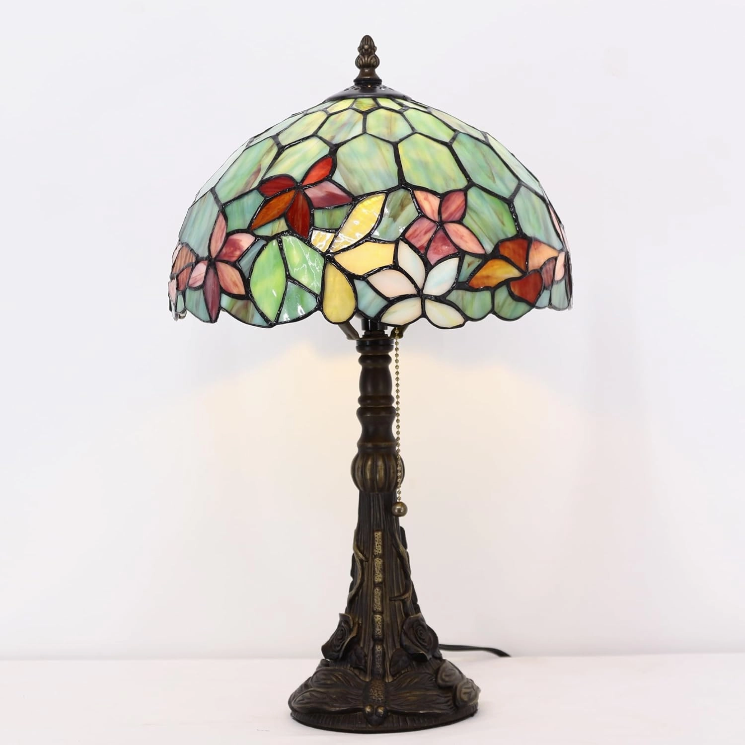 Tiffany Stained Glass Table Lamp 12X12X19 Inch Green Red Flowers Style Desk Bedroom Living Room Reading Light (Red Flowers Style)