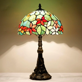 Tiffany Stained Glass Table Lamp 12X12X19 Inch Green Red Flowers Style Desk Bedroom Living Room Reading Light (Red Flowers Style)