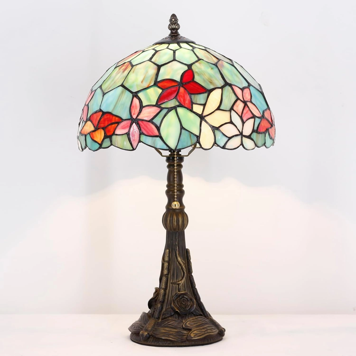 Tiffany Stained Glass Table Lamp 12X12X19 Inch Green Red Flowers Style Desk Bedroom Living Room Reading Light (Red Flowers Style)