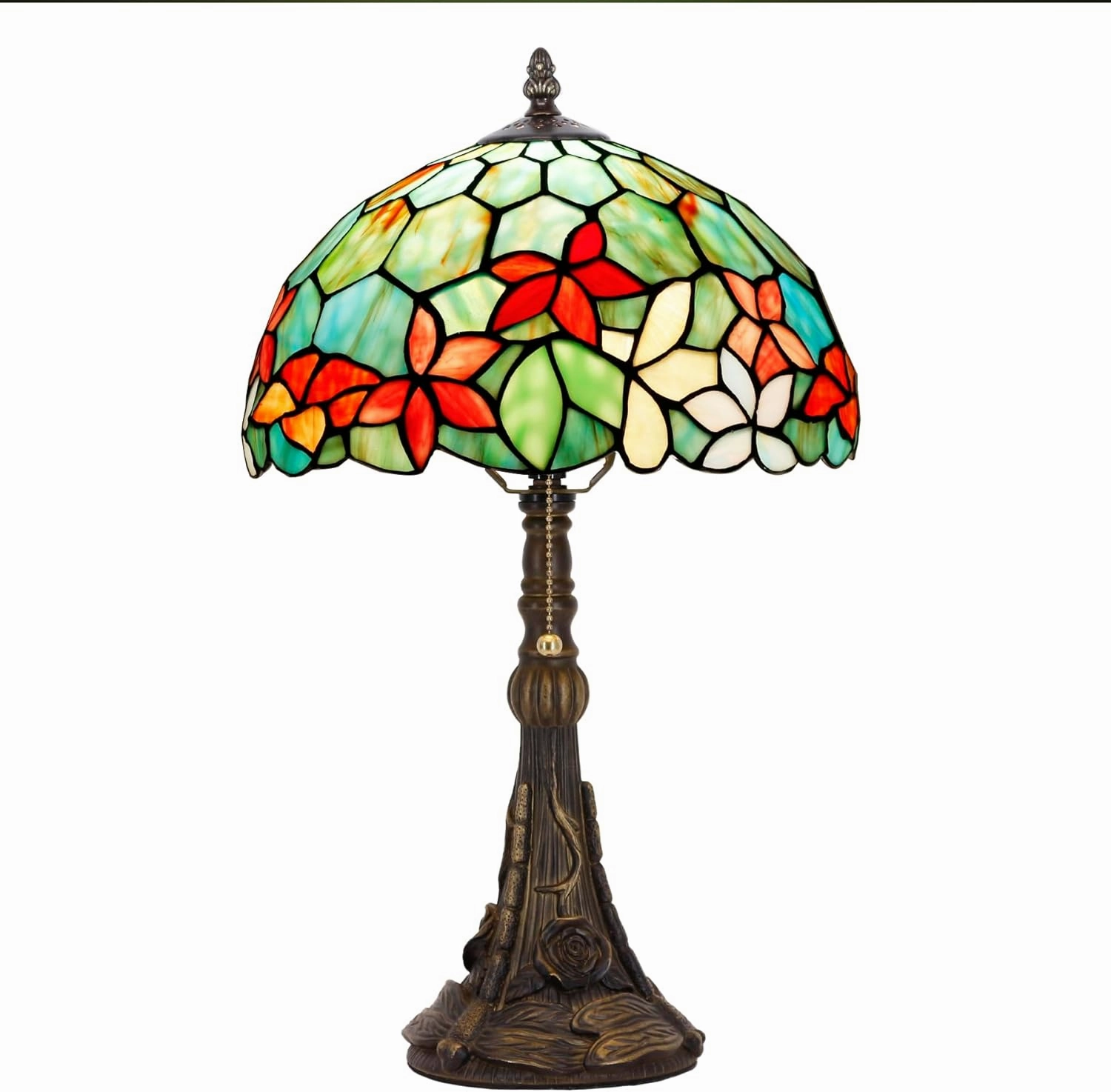 Tiffany Stained Glass Table Lamp 12X12X19 Inch Green Red Flowers Style Desk Bedroom Living Room Reading Light (Red Flowers Style)