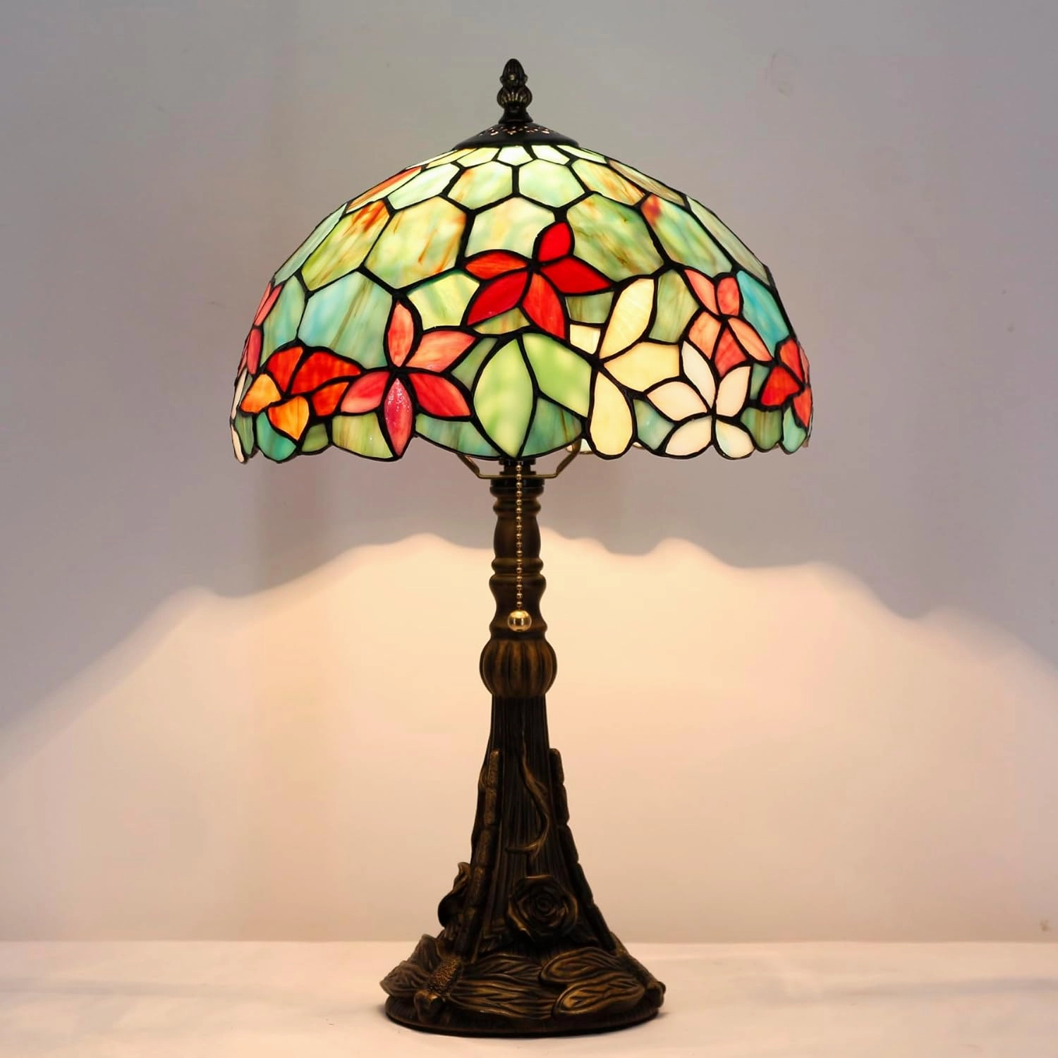 Tiffany Stained Glass Table Lamp 12X12X19 Inch Green Red Flowers Style Desk Bedroom Living Room Reading Light (Red Flowers Style)
