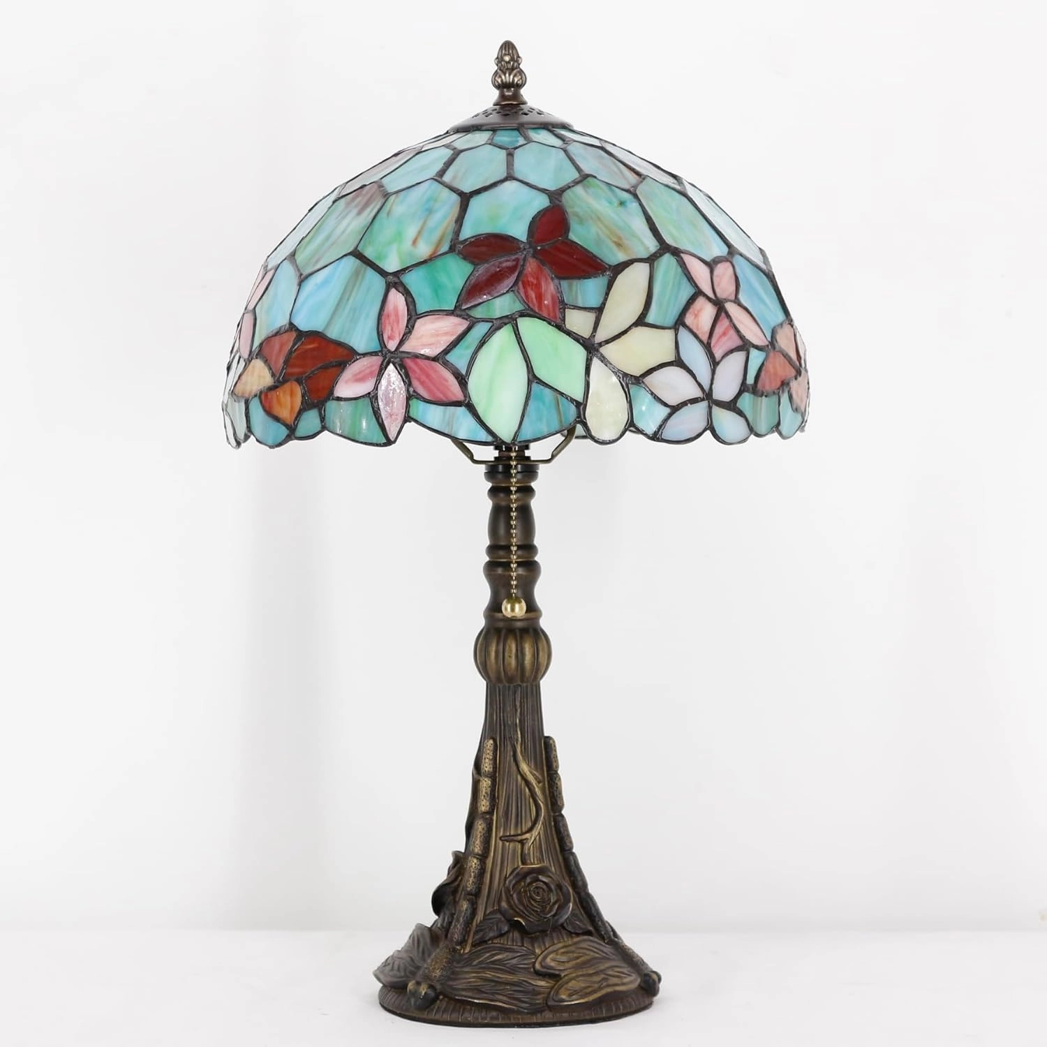 Tiffany Stained Glass Table Lamp 12X12X19 Inch Green Red Flowers Style Desk Bedroom Living Room Reading Light (Red Flowers Style)