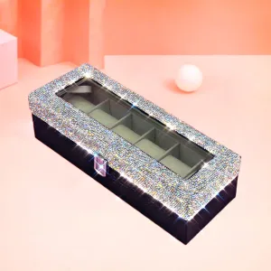 TISHAA Bling Rhinestone Watch Box for Women – 6 Slot Sparkly Glass Top Display Case for Watches, Bracelets, Jewelry – Crystal Vanity Organizer Gift for Her, Birthday, Christmas, Glam Decor