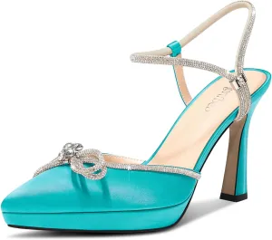TNYNFBEB Womens Stiletto High Platform Heel Pointed Toe Pumps Ankle Strap Slingback Rhinestone Crystal Bow-Knot Prom Glitter 3.9 Inches Heels
