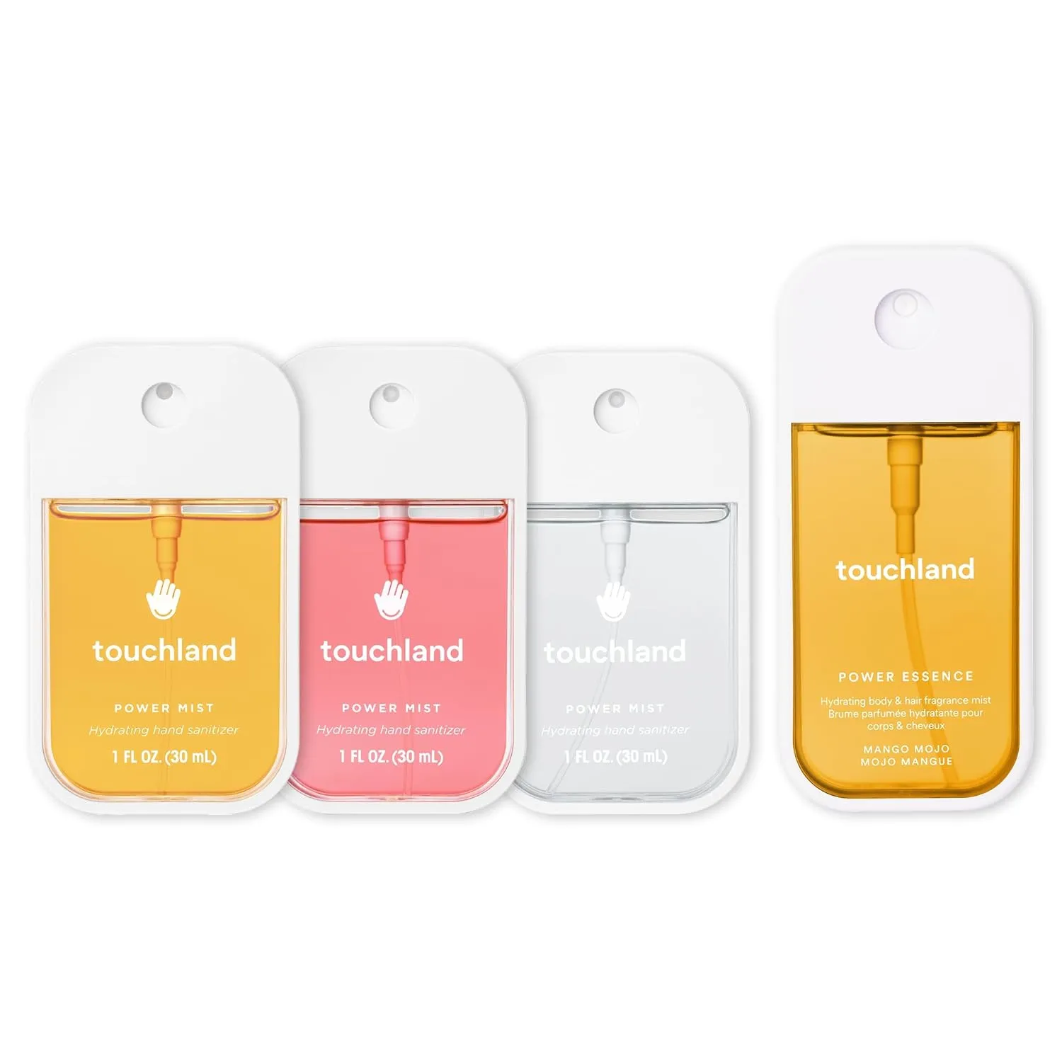 Touchland TROPICAL PARADISE SET, Power Mist Hydrating Hand Sanitizer Spray, (Mango, Beach Coco, Watermelon) 1 FL. OZ.,   Mango Mojo Body & Hair Fragrance Mist, 2 FL. OZ., Travel Size Set