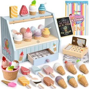 Toyssa Wooden Ice Cream Toys for Toddlers 3-5, Toy Food Pretend Play Store with Drawer & Toy Card Reader, Kids Play Kitchen Accessories Christmas Birthday Gifts for Girls Boys 3 4 5 6 Year Old