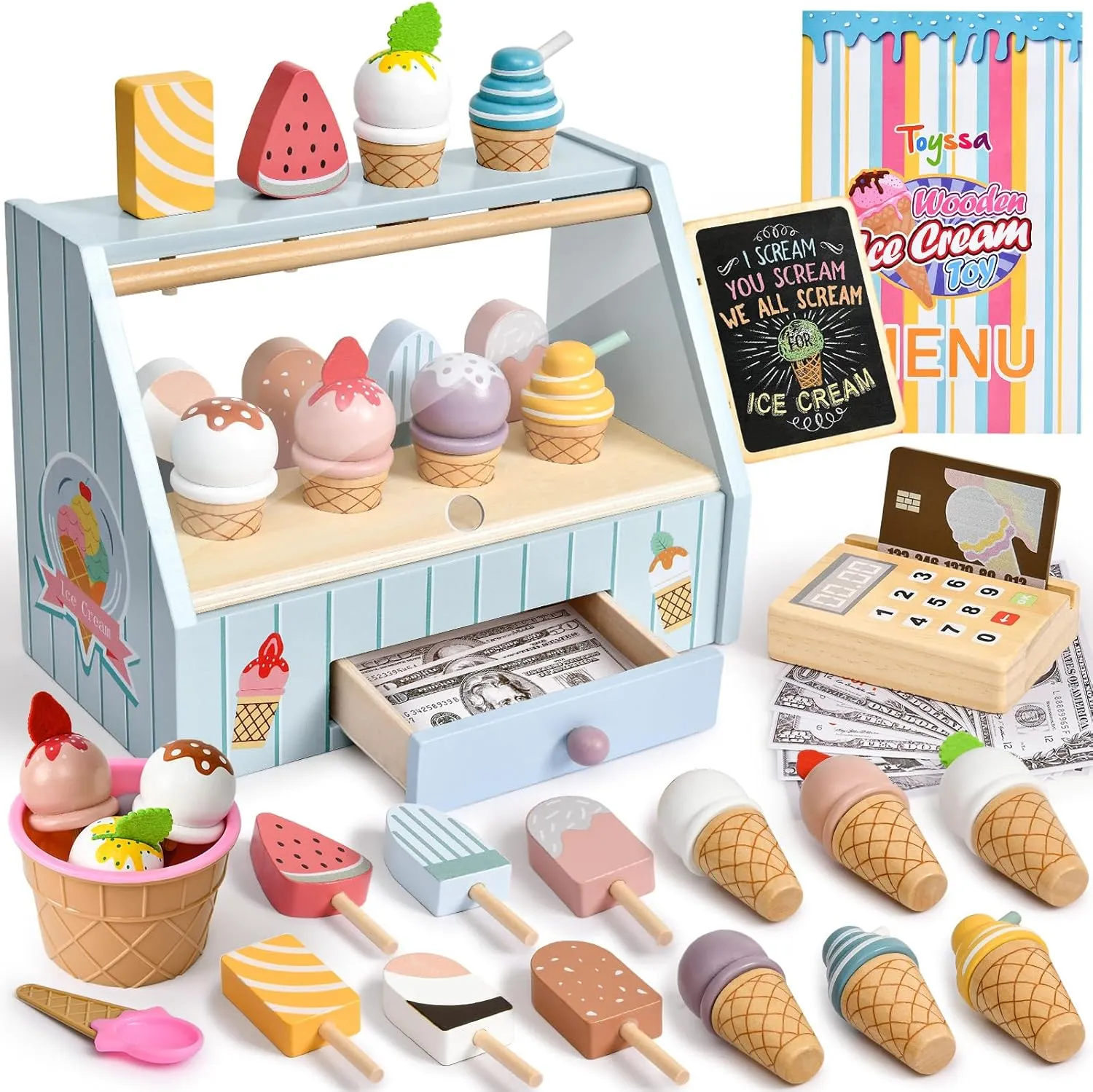 Toyssa Wooden Ice Cream Toys for Toddlers 3-5, Toy Food Pretend Play Store with Drawer & Toy Card Reader, Kids Play Kitchen Accessories Christmas Birthday Gifts for Girls Boys 3 4 5 6 Year Old