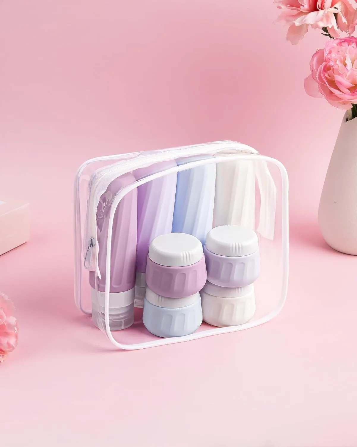 Travel Bottles for Toiletries 8 Pack, Travel Size Toiletries, Tsa Approved Travel Size Containers 3oz, with Travel Essentials Clear Bag, Leak Proof Silicone Squeezable Creams Jars