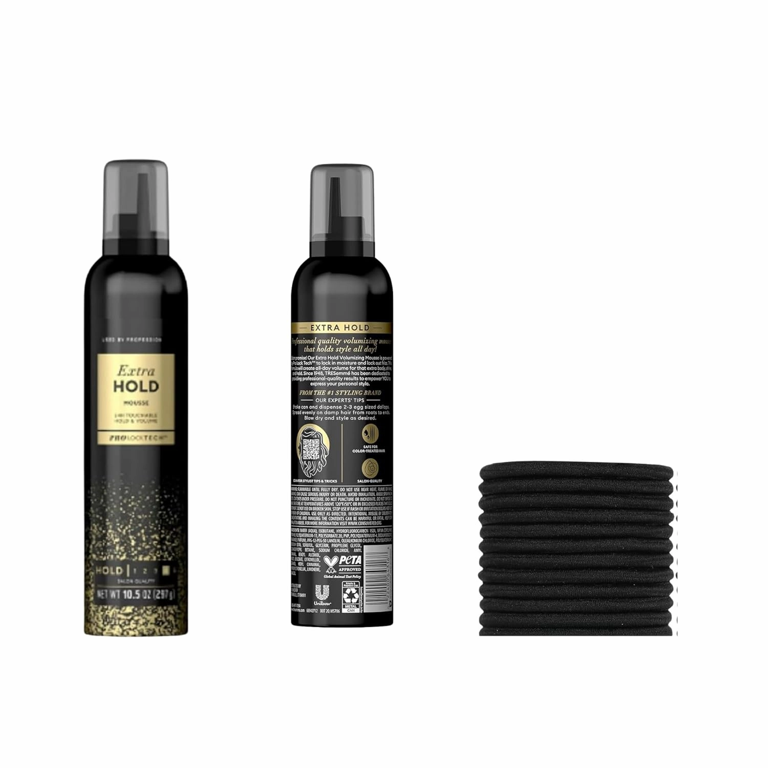 Treseme Extra Hold Hair Mousse 24H Touchable Hold & Volume All Hair, 10.5 oz Pack of 1 hair spray freeze hold INCLUDED 3mm elastic hair ties 10 Pieces Black elastic hair ties for Thick and Curly Hair