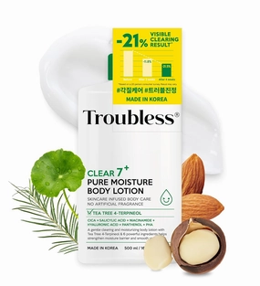Troubless CLEAR 7 Plus Pure Moisture Body Lotion - Hydrating Body Moisturizer for Troubled Sensitive Skin w/ 7 Skincare Ingredients Gentle, Calming & Non Greasy Body Cream for Women & Men (16.9 fl oz)