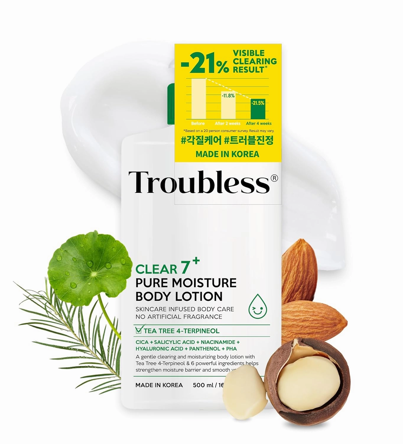 Troubless CLEAR 7 Plus Pure Moisture Body Lotion - Hydrating Body Moisturizer for Troubled Sensitive Skin w/ 7 Skincare Ingredients Gentle, Calming & Non Greasy Body Cream for Women & Men (16.9 fl oz)