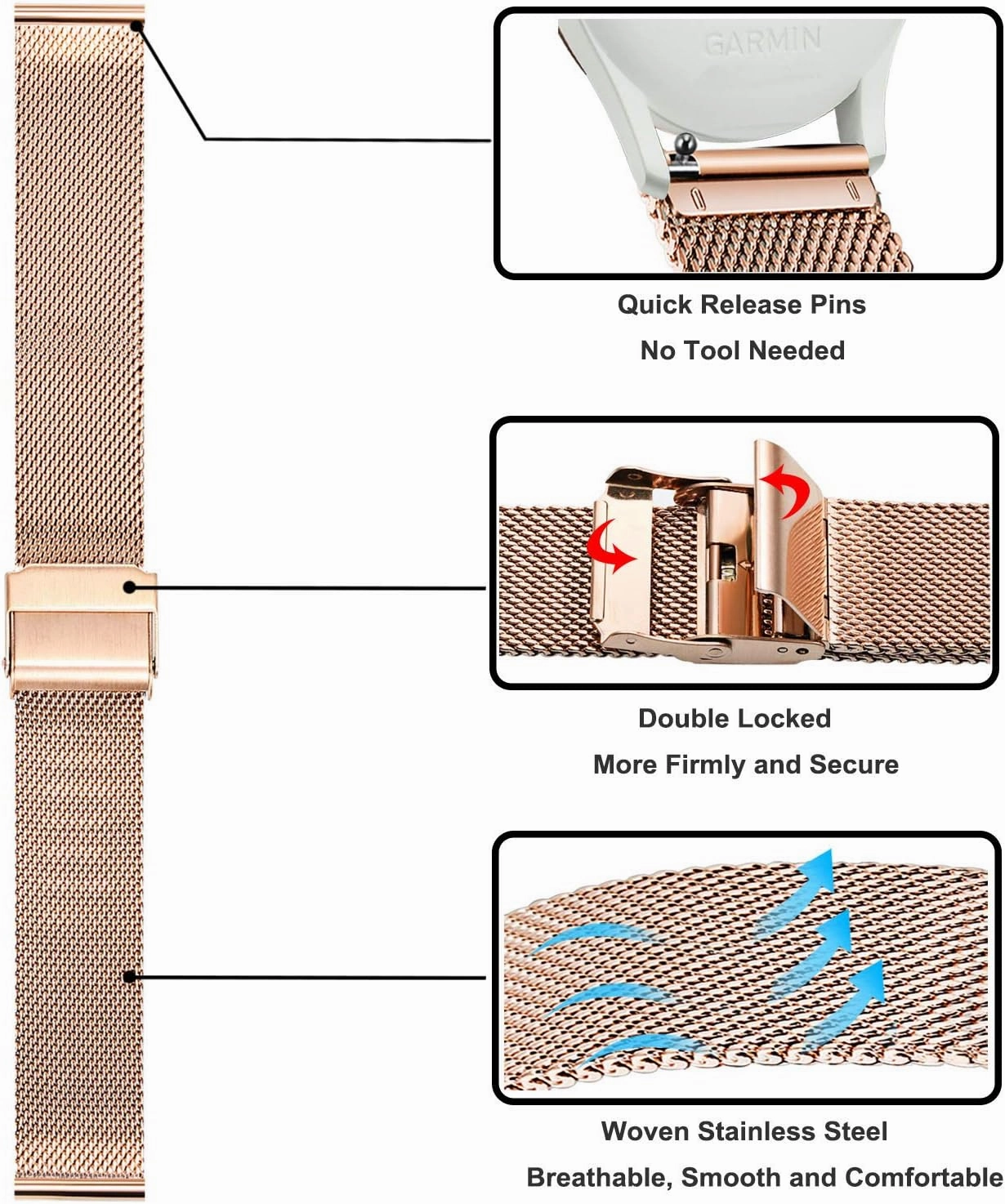 TRUMiRR Watchband Sets for Vivomove HR/Vivoactive 6 5 3 Smart Watch, 20mm Stainless Steel Metal Band   Mesh Strap for Garmin Forerunner 570 42mm / Venu Sq 2 / Vivomove 3 Luxe Style Trend