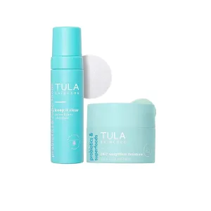 TULA Skin Care Keep It Clear - Acne Foam Facial Cleanser, 6.3 oz   24-7 Weightless Moisture Hydrating Day & Night Cream - Travel Size, 0.5 oz, 2 Piece Set