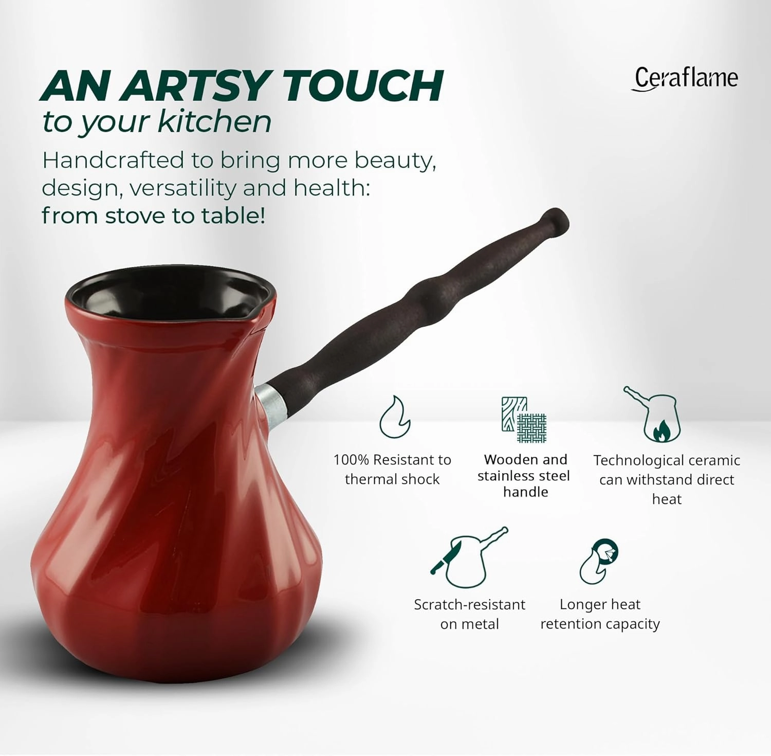 Twist Ibrik/Cezve Turkish Coffee Pot - Stylish and Modern Ceramic Coffee Maker for Authentic Arabic, Turkish and Greek Coffee - Red -18.6 fl oz