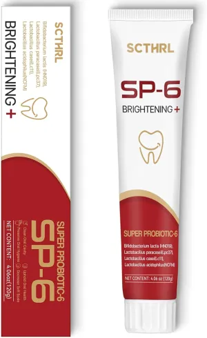 Upgraded SP-6 Probiotic Whitening Toothpaste, Advanced Whitening Formula with 4 Probiotics, Mint Flavor for Fresh Breath, Fluoride-Free, Removes Plaque, Protects Enamel, Perfect for Family Oral Care.