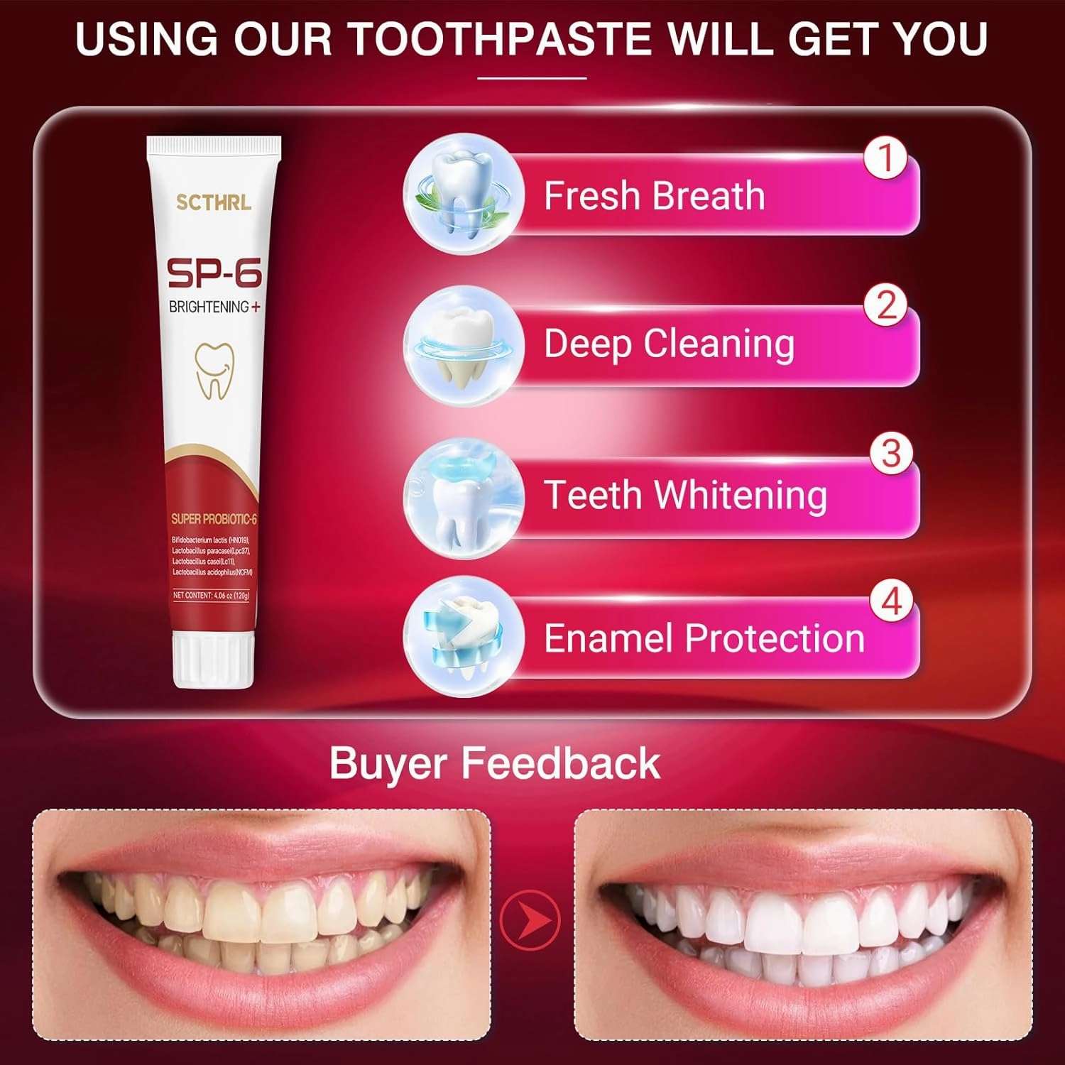 Upgraded SP-6 Probiotic Whitening Toothpaste, Advanced Whitening Formula with 4 Probiotics, Mint Flavor for Fresh Breath, Fluoride-Free, Removes Plaque, Protects Enamel, Perfect for Family Oral Care.