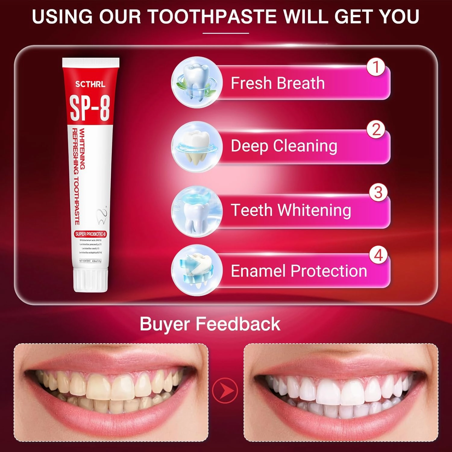 Upgraded SP-8 Probiotic Whitening Toothpaste, probiotic whitening Formula with 4 Kinds of probiotics, Mint Flavor freshens Breath, removes Plaque, Protects Tooth Enamel, Perfect for Family Oral Care
