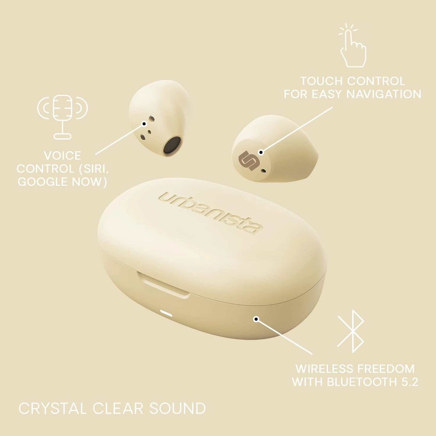 Urbanista Wireless Earbuds, Bluetooth 5.2 Enhanced Small Headphones, Touch Controls, 27 Hr Playtime, USB C Fast Charging Case, IPX Sweatproof Headphones for Running, Sports, Lisbon, Vanilla Cream