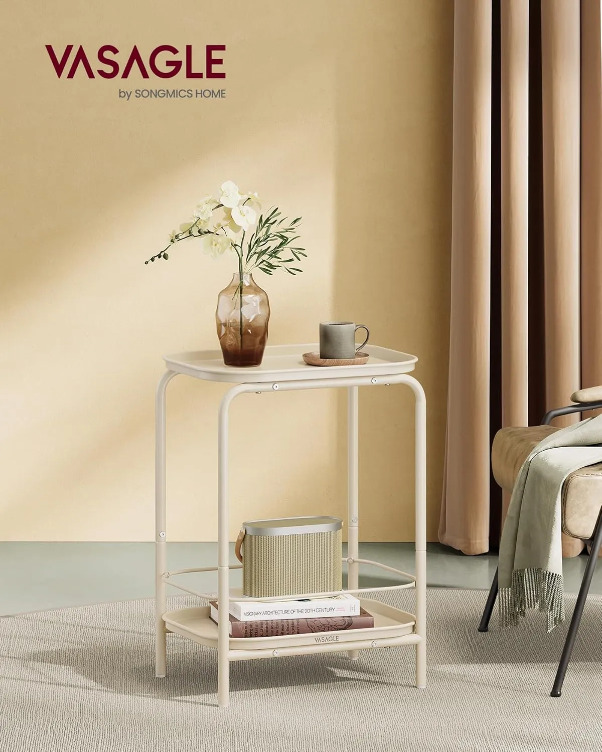 VASAGLE 2-Tier Outdoor Table, Small Side End Table with Tray Storage, Bedside Nightstand for Living Room, Bedroom, Modern Style, Cream White ULET243W01