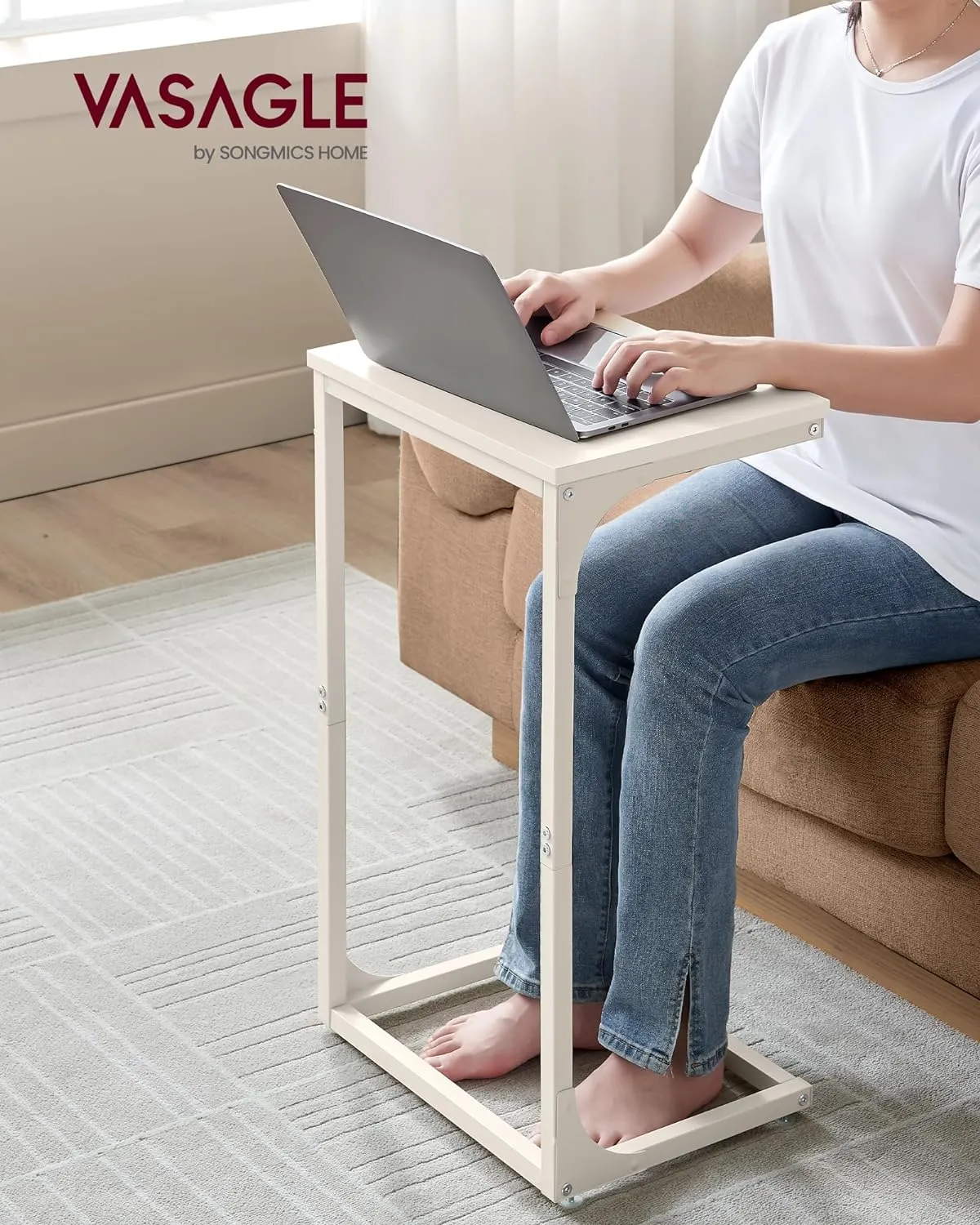 VASAGLE C-Shaped End Table, Side Table for Sofa, Couch Table with Metal Frame, Small TV Tray Table for Living Room, Bedroom, Cream White