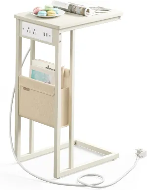 VASAGLE C-Shaped Side Table, End Table with Charging Station, 2 USB Ports and Outlets, C Table for Couch, Sofa, with Storage Bag, Adjustable Feet, for Bedroom, Living Room, Cream White ULET356W01