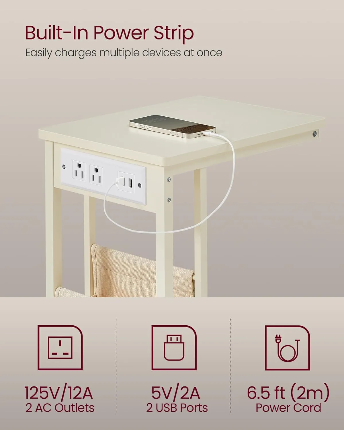 VASAGLE C-Shaped Side Table, End Table with Charging Station, 2 USB Ports and Outlets, C Table for Couch, Sofa, with Storage Bag, Adjustable Feet, for Bedroom, Living Room, Cream White ULET356W01