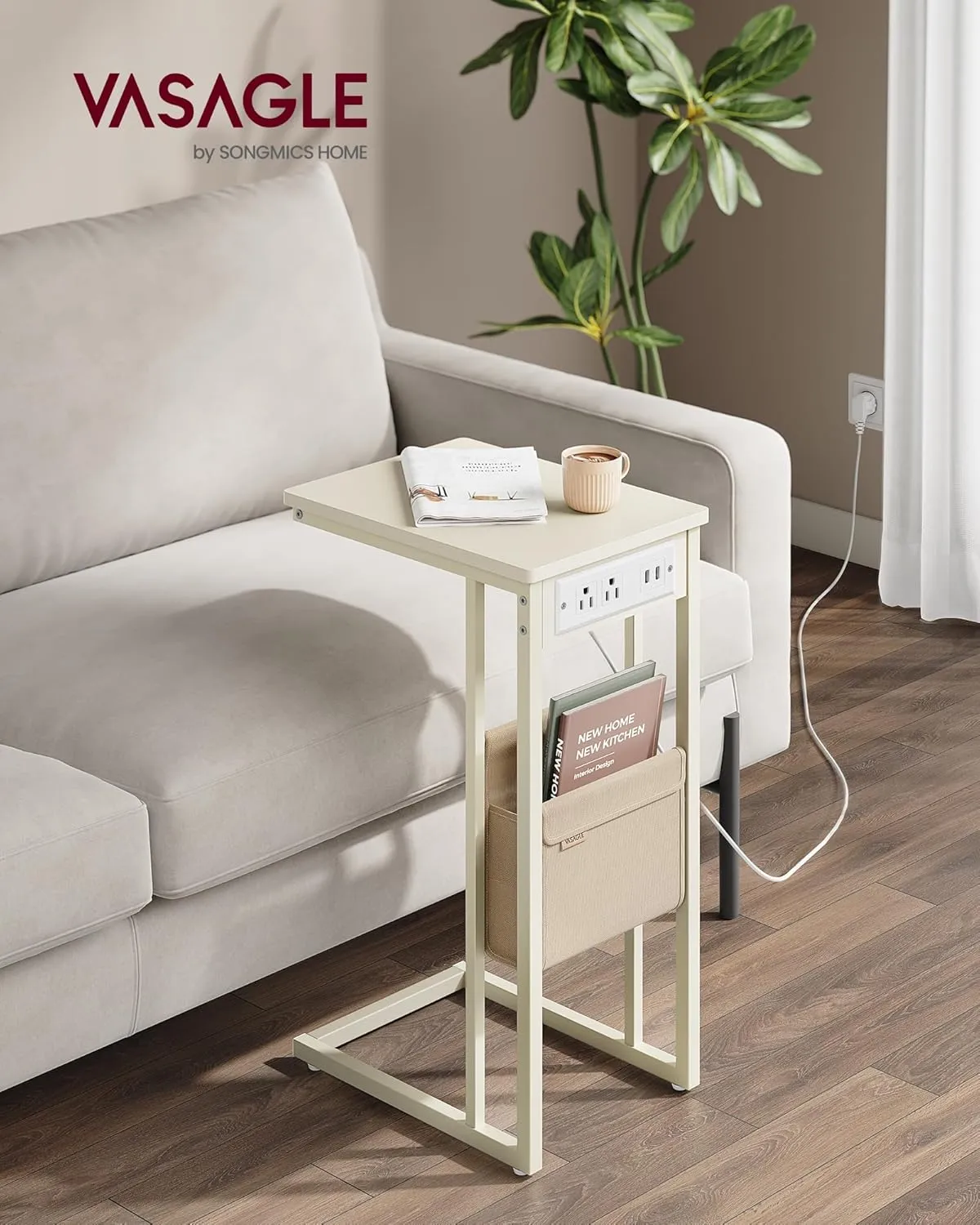 VASAGLE C-Shaped Side Table, End Table with Charging Station, 2 USB Ports and Outlets, C Table for Couch, Sofa, with Storage Bag, Adjustable Feet, for Bedroom, Living Room, Cream White ULET356W01