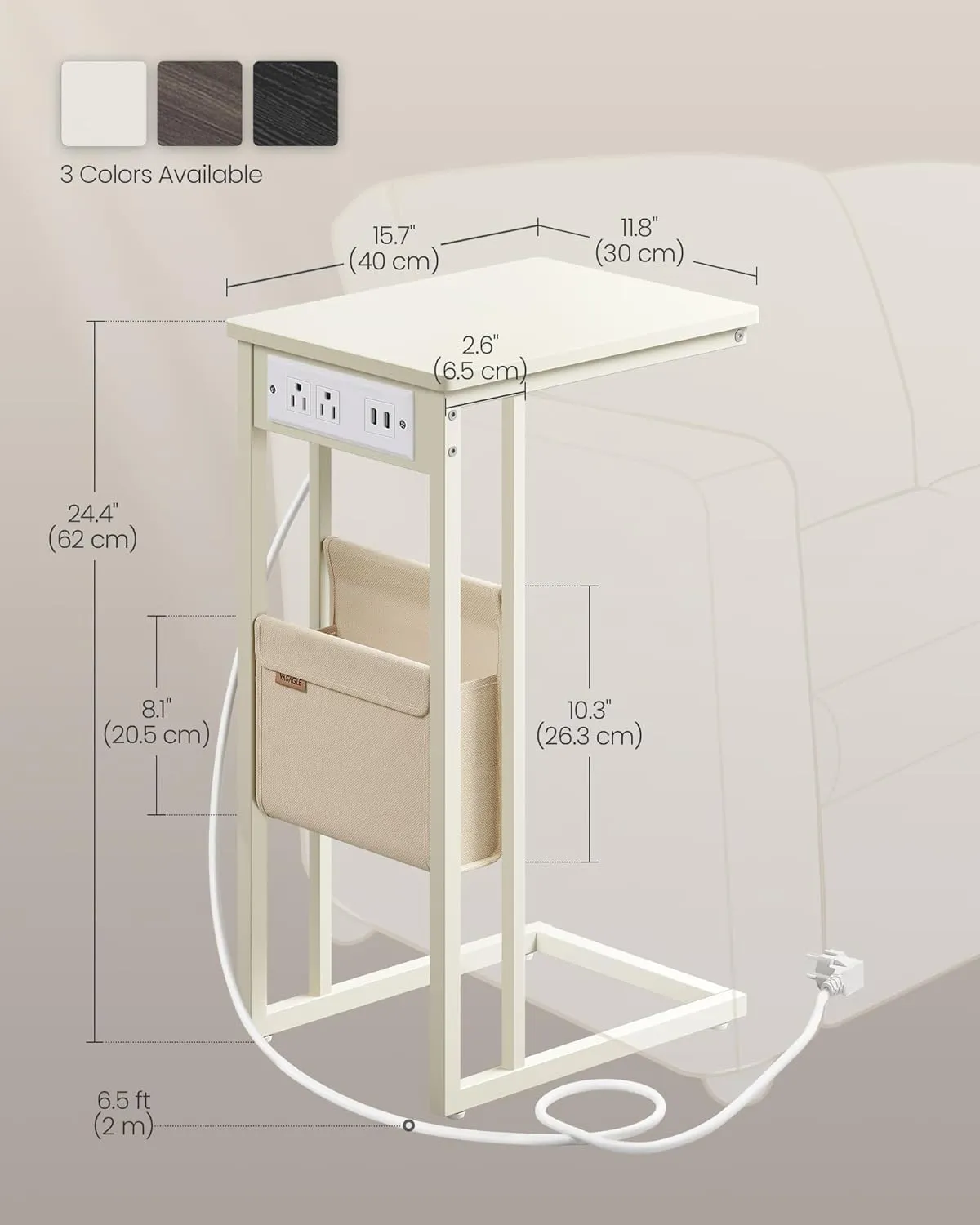 VASAGLE C-Shaped Side Table, End Table with Charging Station, 2 USB Ports and Outlets, C Table for Couch, Sofa, with Storage Bag, Adjustable Feet, for Bedroom, Living Room, Cream White ULET356W01