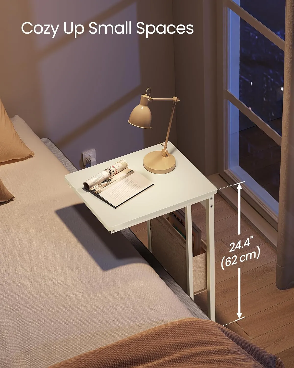 VASAGLE C-Shaped Side Table, End Table with Charging Station, 2 USB Ports and Outlets, C Table for Couch, Sofa, with Storage Bag, Adjustable Feet, for Bedroom, Living Room, Cream White ULET356W01