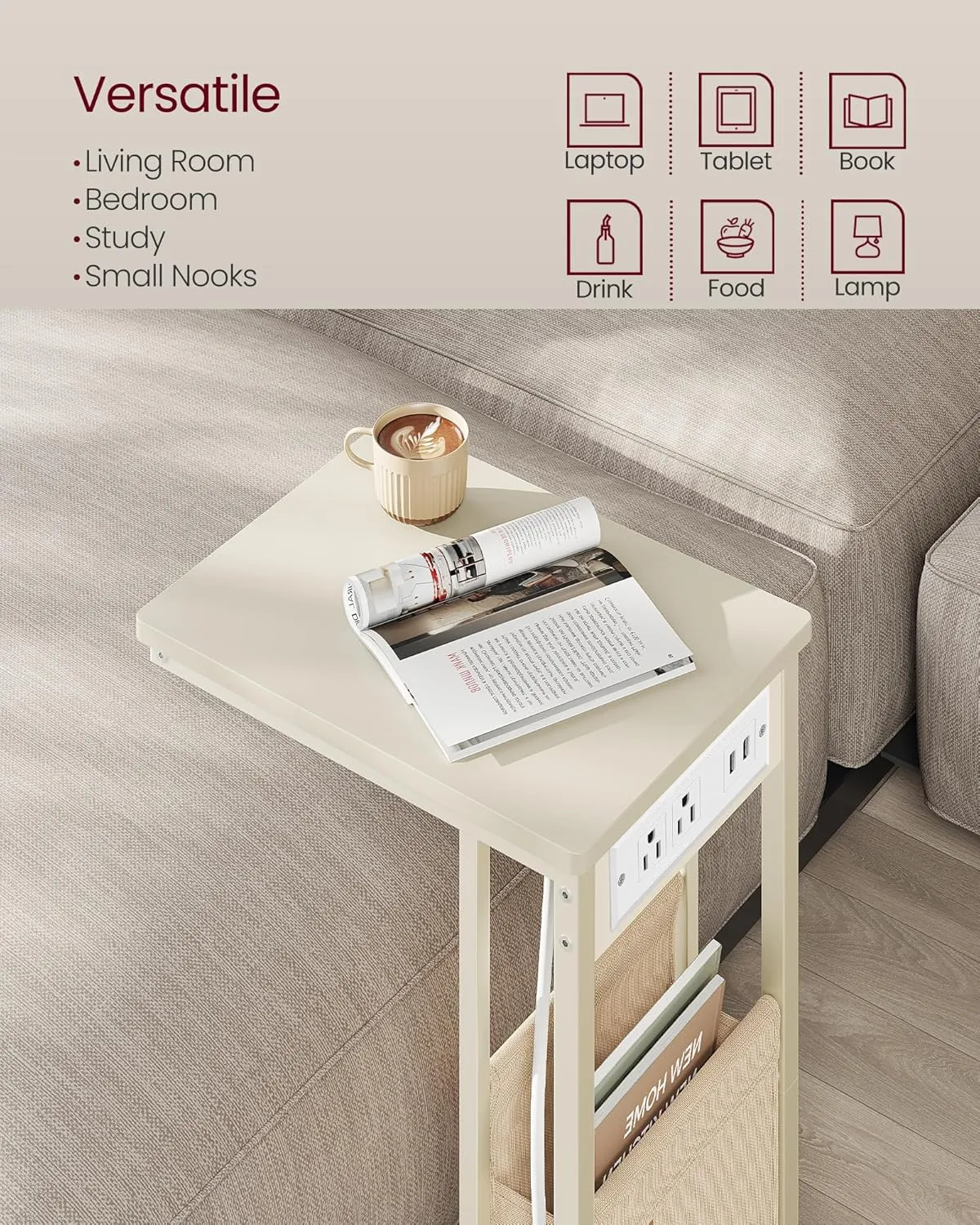VASAGLE C-Shaped Side Table, End Table with Charging Station, 2 USB Ports and Outlets, C Table for Couch, Sofa, with Storage Bag, Adjustable Feet, for Bedroom, Living Room, Cream White ULET356W01