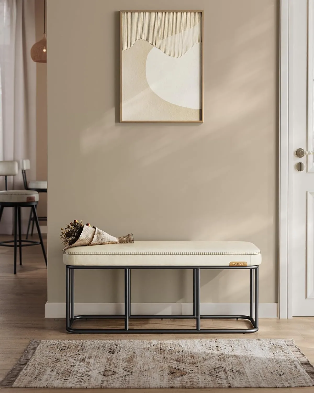 VASAGLE EKHO Collection - Storage Bench for Entryway, Ottoman Bench with Steel Frame, 43.3-Inch Wide, Synthetic Leather, Living Dining Room, Mid-Century Modern, Loads 660 lb, Cream White ULOM085W02