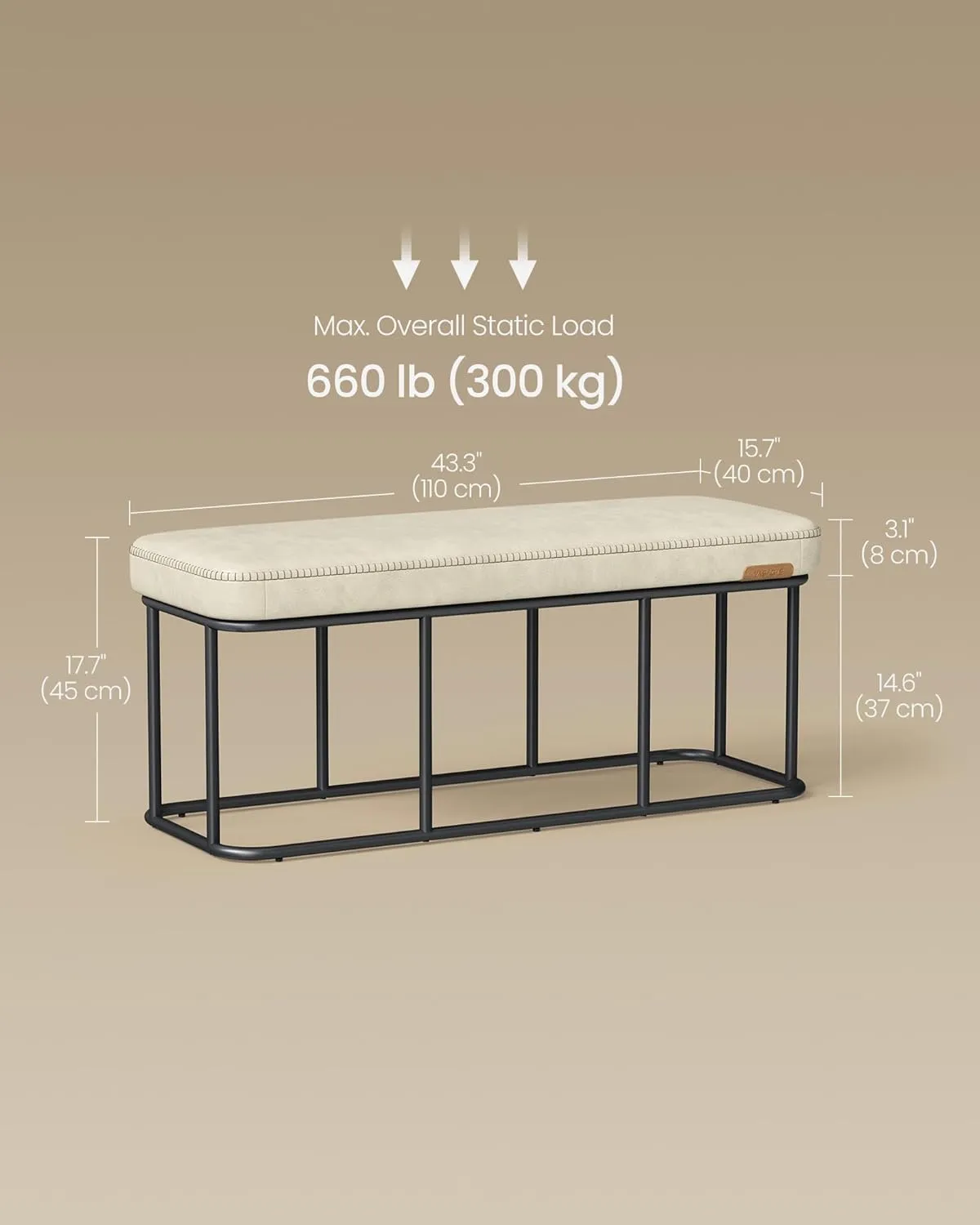 VASAGLE EKHO Collection - Storage Bench for Entryway, Ottoman Bench with Steel Frame, 43.3-Inch Wide, Synthetic Leather, Living Dining Room, Mid-Century Modern, Loads 660 lb, Cream White ULOM085W02
