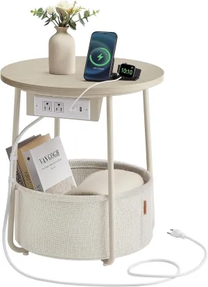 VASAGLE Side Table with Charging Station, Round End Table with Fabric Basket, Nightstand with Power Outlets, USB Ports, for Living Room, Bedroom, Modern, Cream White ULET228N01