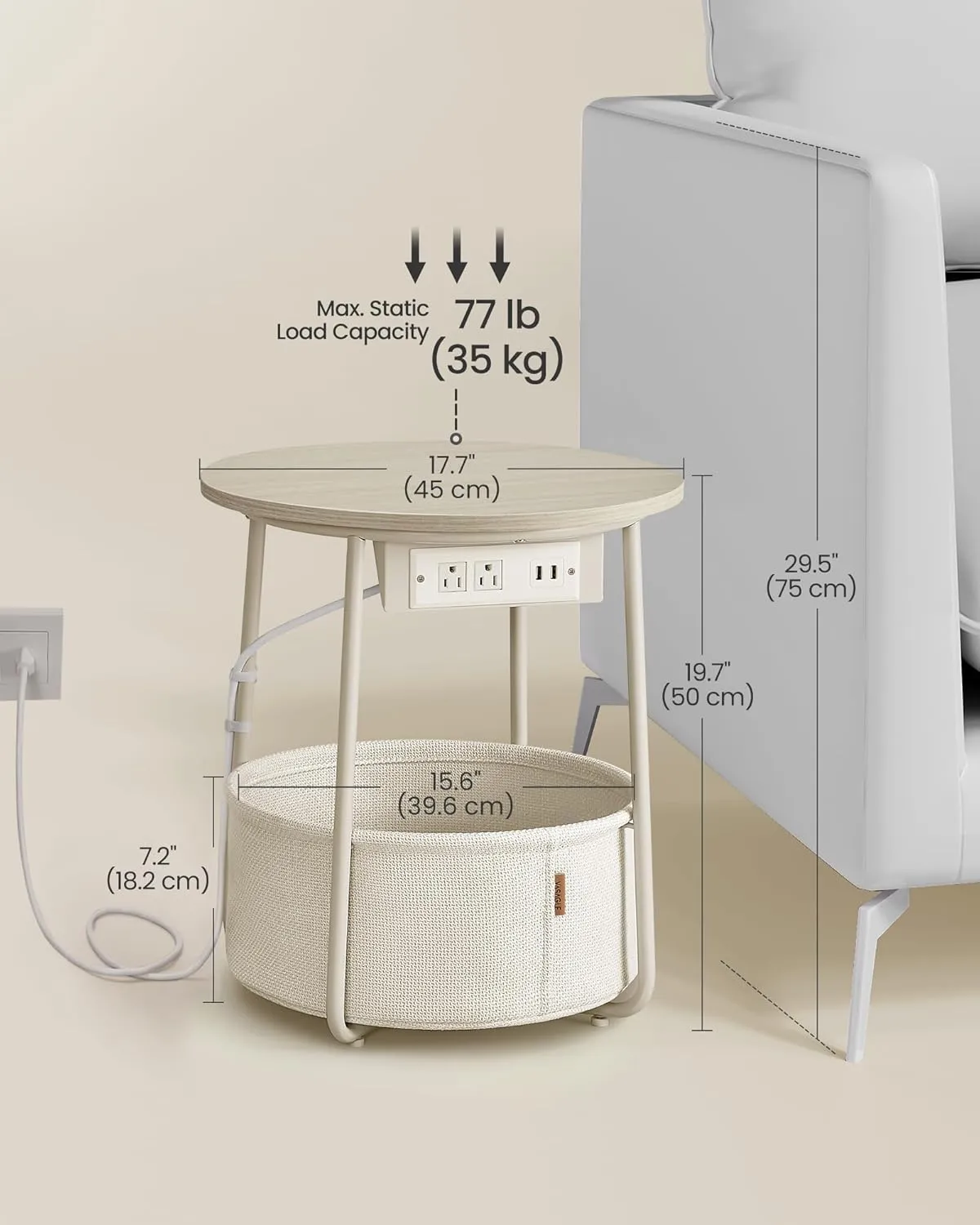 VASAGLE Side Table with Charging Station, Round End Table with Fabric Basket, Nightstand with Power Outlets, USB Ports, for Living Room, Bedroom, Modern, Cream White ULET228N01